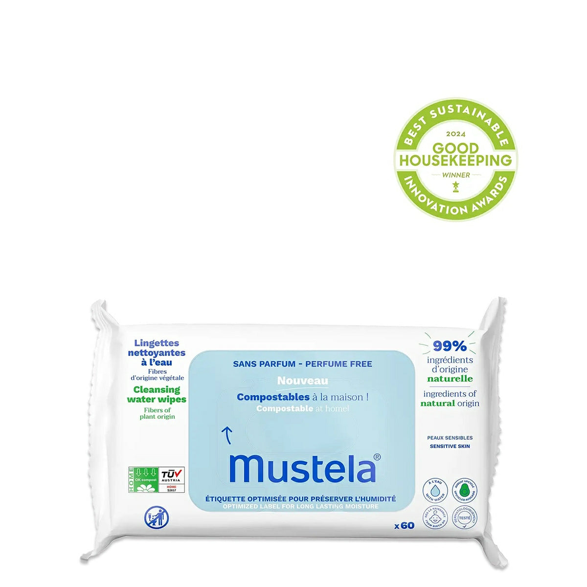 Mustela Home Compostable Fragrance-Free Wipes (60-Pack)